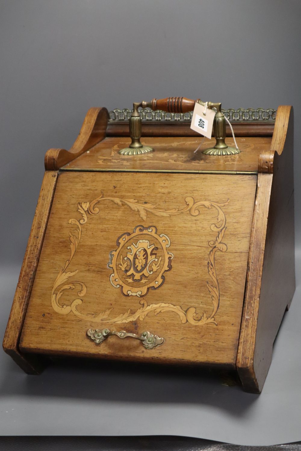 A Victorian rosewood and floral marquetry coal box, with brass mounted handle, depth 48cm